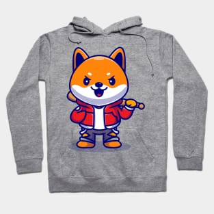 Cute Shiba Inu Dog Holding Baseball Bat Cartoon Hoodie